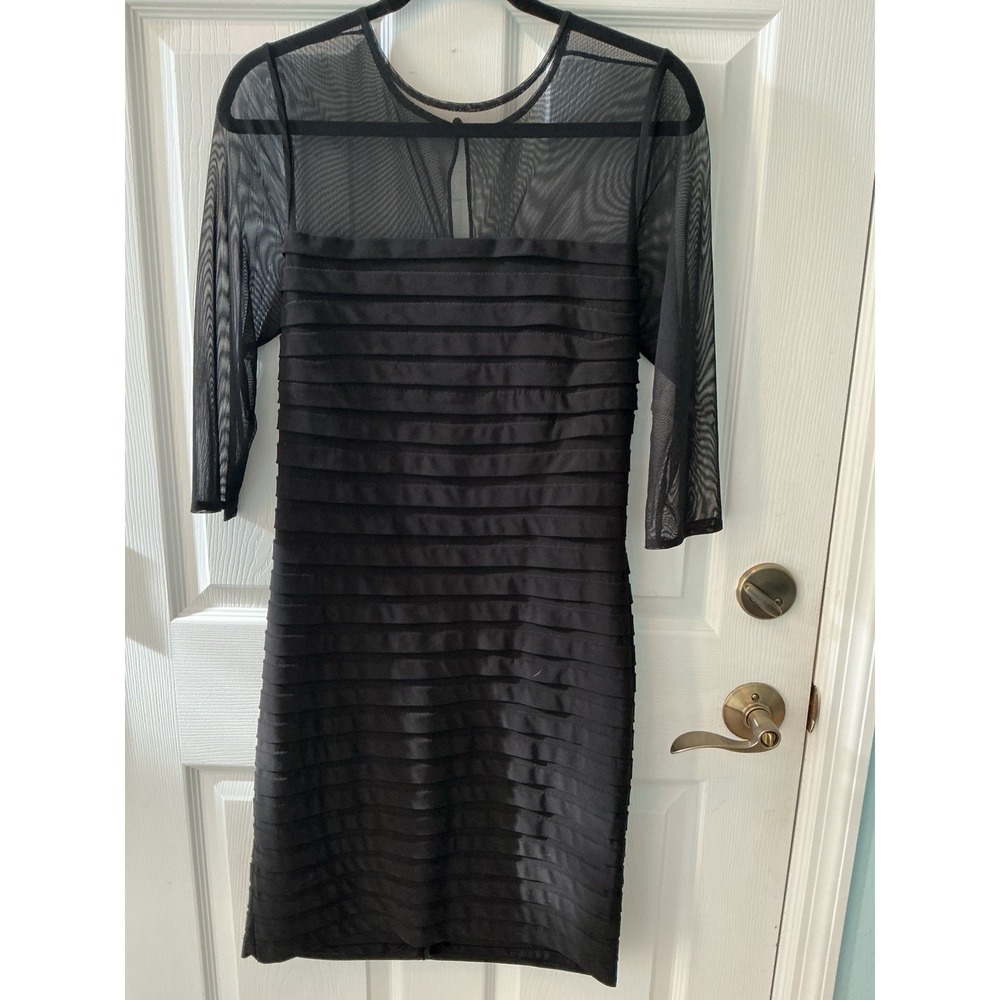 Adrianna Papell Black Sheath Dress Size 10 Illusion Mesh 3/4 Sleeve Cocktail